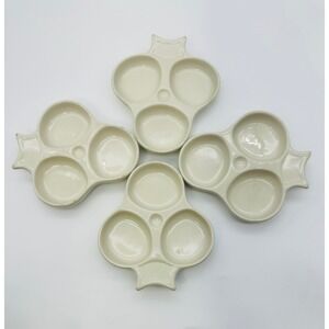 Hall China 231 Ivory Oyster Plates Set of 4 Vintage Ceramic 3-Well Appetizer USA